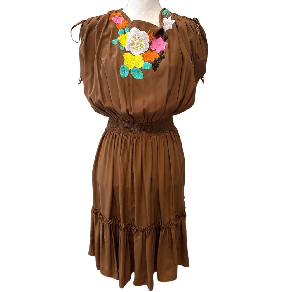 Milly of New York Silk Blouson Dress Mocha Brown Floral Applique 8